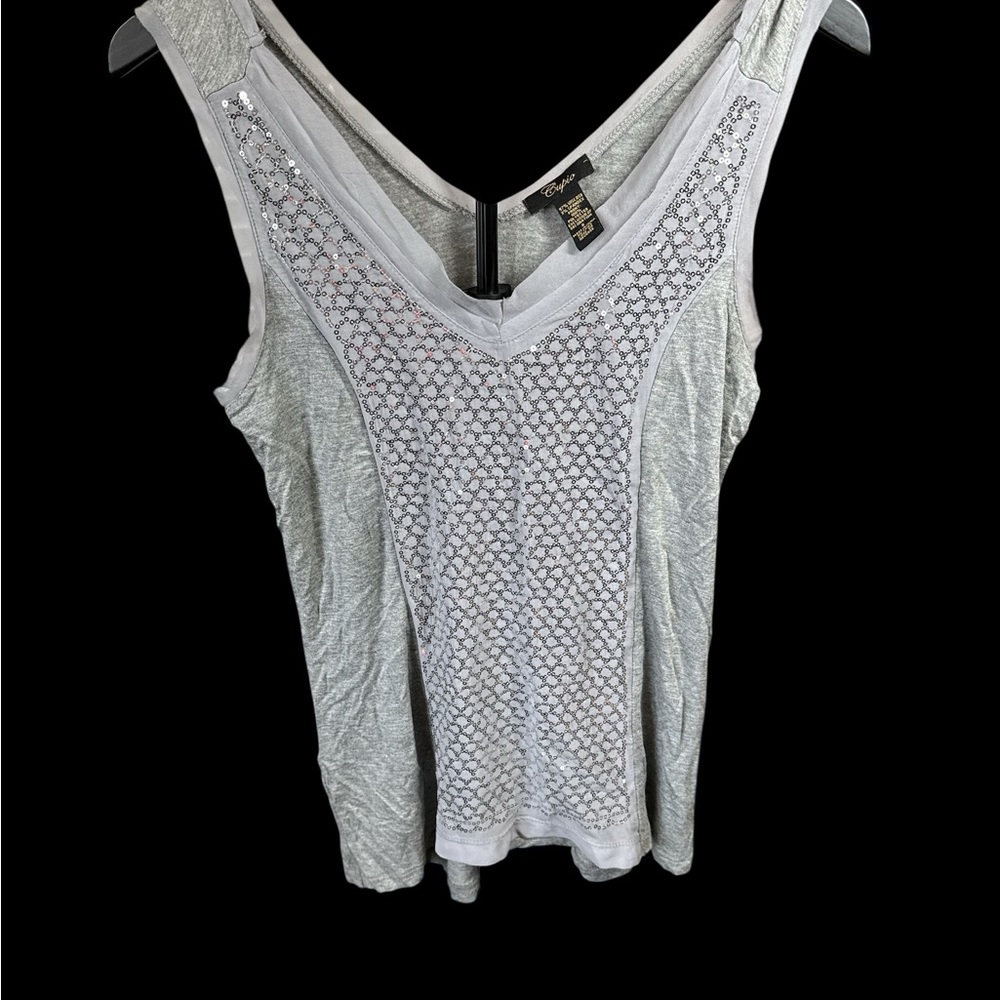 Cupio Light Silver Metallic V-Neck Tank with Beaded Front Panel